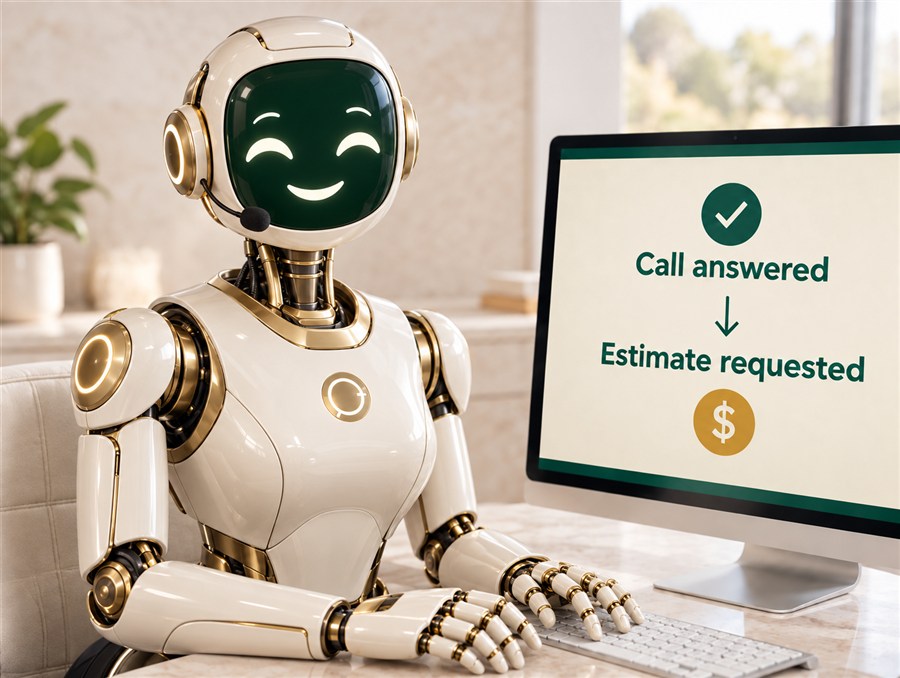 Happy robot receptionist wearing a headset beside an illustrative Call answered to Estimate requested screen