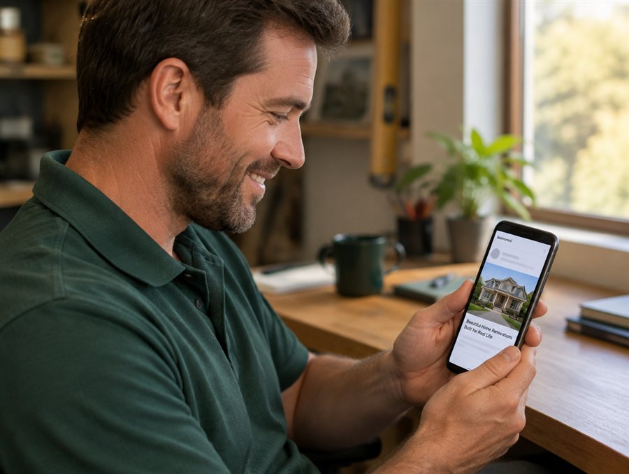 Contractor smiling at a home renovation ad on his phone