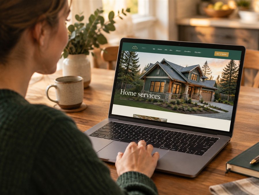 Homeowner browsing a contractor website on her laptop